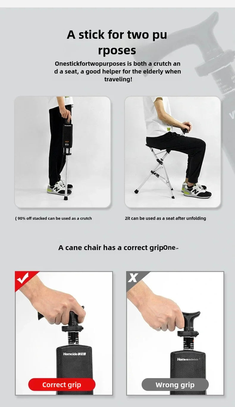 2-in-1 Portable Folding Cane & Chair — Quick-Fold Walking Stick with Built-In Seat and Three Legs