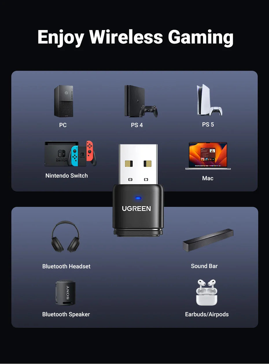USB Bluetooth 5.3 Transmitter & Receiver – aptX HD Audio Adapter for PS5, PS4, Nintendo Switch, Headsets, Speakers & Mic