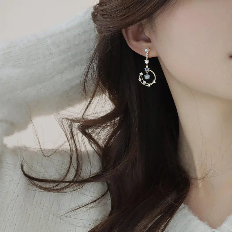 Pearl Moon Asymmetric Earrings - Butterfly Flower Zircon Drop Jewelry for Women Weddings