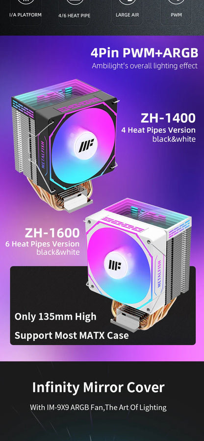 METALFISH White CPU Cooler — Silent ARGB 4-Pin PWM Fan with Radiator for Intel LGA 1700/1200/1150/1155/1156/1366/2011 & AMD AM5/AM4/AM3/X99/X79