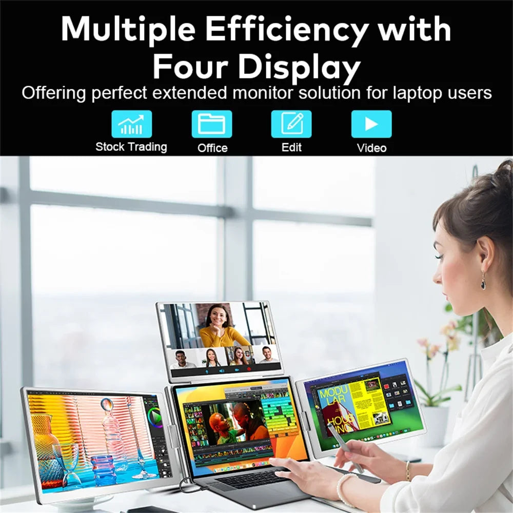 Triple Screen Portable LCD Monitor — FHD Backlit Secondary Display for Laptop with 1-Cable Connection