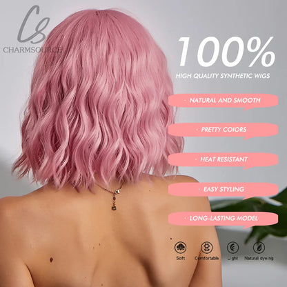 CharmSource Pink BOBO Short Synthetic Wig – Natural Wavy Heat Resistant Hair Wig for Women, Party & Daily Wear