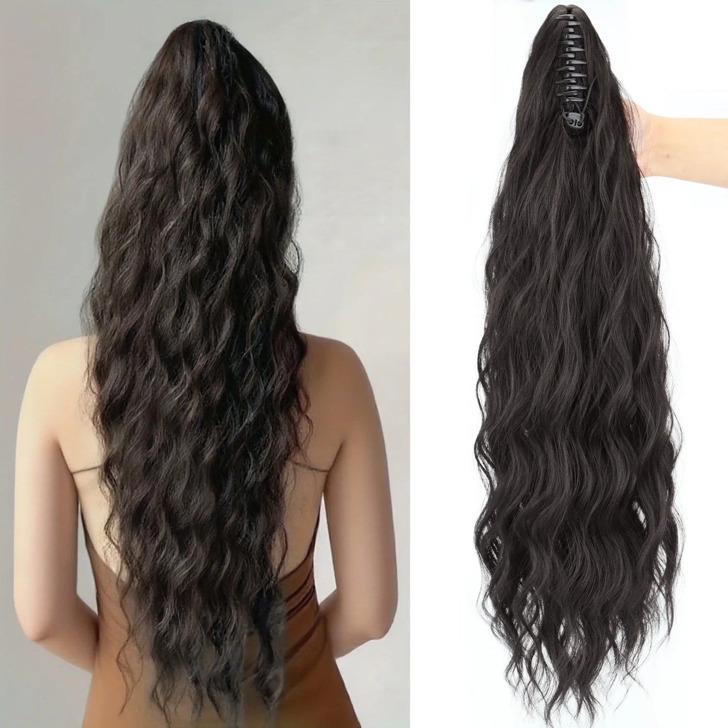 Synthetic Water Wave Claw Clip Ponytail Hair Extension – Black & Blonde, Heat-Resistant Fluffy Messy Style for Women
