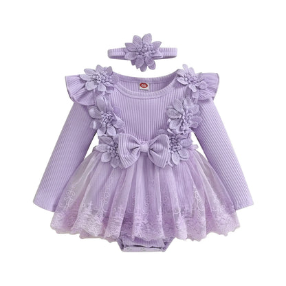 3D Flower Baby Girls’ Romper - Princess Mesh Lace Ruffle Bodysuit Dress with Headband