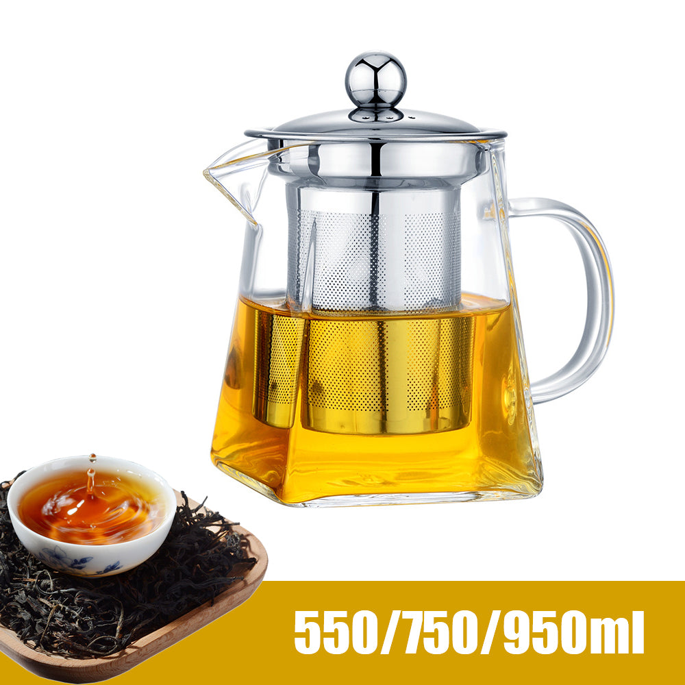 Glass Teapot with Stainless Steel Infuser – 550/750/950ML Heat-Resistant Clear Teaware, Household Tea Kettle with Infuser