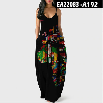 Women’s World Map Beach Dress – Elegant Sexy Long Sundress with Irregular Hem, Sleeveless Spaghetti Straps, Plus Size Summer Dress