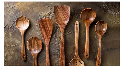 1-7pcs Teak Wood Tableware Set – Natural Wooden Spoons, Colander Spoon & Soup Skimmer Cooking Tool Kit