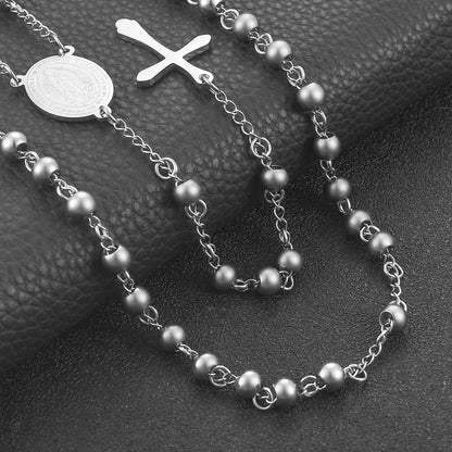 Stainless Steel Vintage Cross Rosary Necklace - Bohemian Religious Pendant for Women and Men, Fashion Jewelry Gift