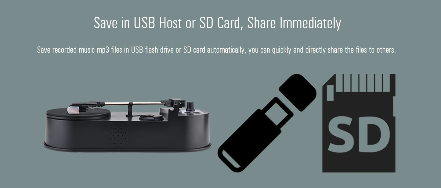 Portable 33/45RPM Phonograph Turntable — Vinyl to MP3 Converter with TF Card/USB & Built-in Speaker