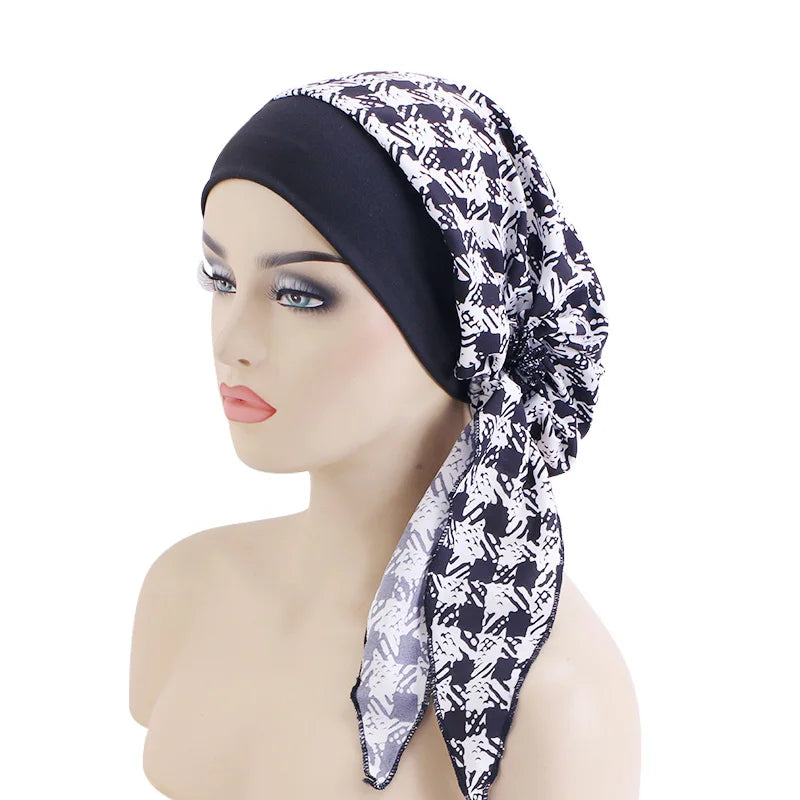 Women’s Pre-Tied Turban Cap – Muslim Hijab & Chemo Hair Loss Head Scarf with Flower Print Stretch Bandana