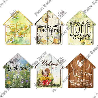 Putuo Decor Welcome House Shaped Wooden Sign – Rustic Hanging Plate for Home, Living Room Wall Decor