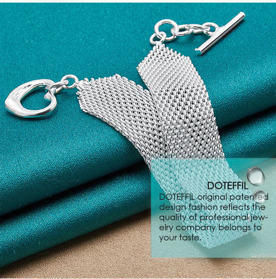 DOTEFFIL 925 Sterling Silver Heart Bracelet – Watchband Style Chain Jewelry for Men & Women