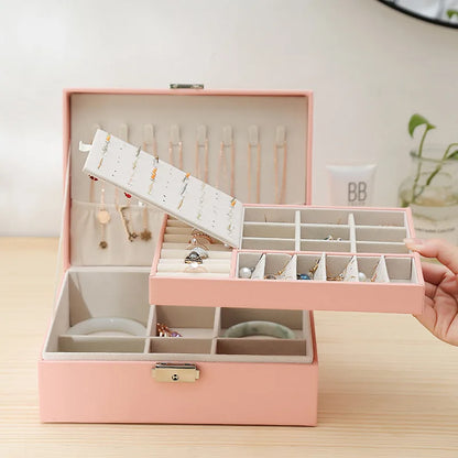 Double-Layer Wooden Jewelry Box – PU Leather Ring & Accessory Organizer with Storage and Makeup Case