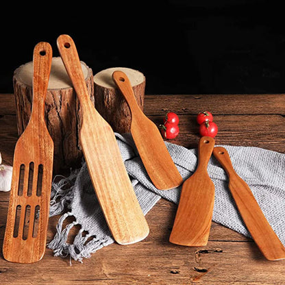 1-7pcs Teak Wood Tableware Set – Natural Wooden Spoons, Colander Spoon & Soup Skimmer Cooking Tool Kit