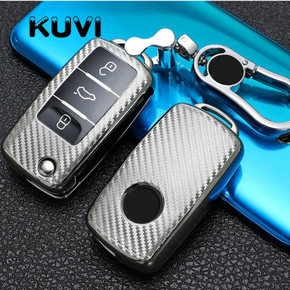 TPU Carbon Fiber Car Key Case Cover for VW & Skoda – Fits Polo, Tiguan, Passat B5 B6 B7, Golf 4 5 6 MK6, Jetta, Lavida, Octavia