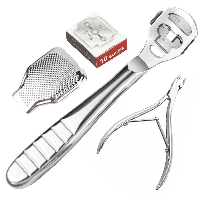 Foot Callus Shaver with Stainless Steel Handle - Hard Skin Remover for Heels, Pedicure Razor Tool with 10 Blades