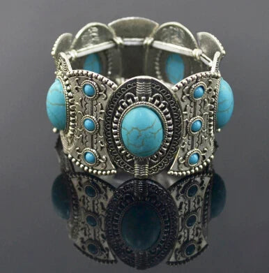 Gypsy Boho Tibetan Turquoise Bracelet for Women & Men – Vintage Elastic Ethnic Bangle Jewelry