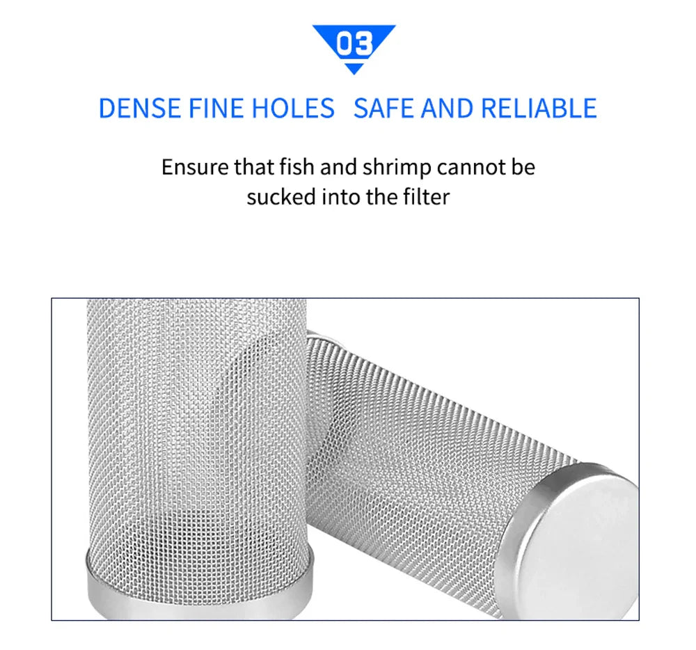 12/16mm Aquarium Inflow Inlet Filter – Stainless Steel Mesh Net Guard, Fish Tank Intake Strainer & Prefilter Cover