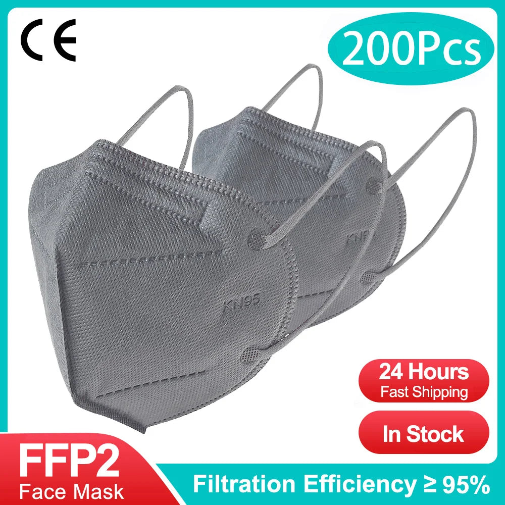 10-200pcs FFP2 KN95 Face Masks – 5-Layer Reusable Black Surgical Mask, Certified Protective Mascarillas