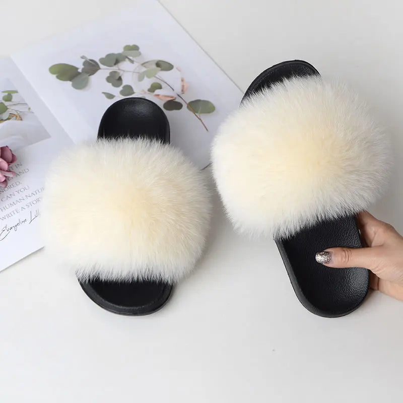 Women’s Summer Fluffy Fur Slippers — Real Fox Fur Non-Slip Flat Slides & Sandals, Large Size