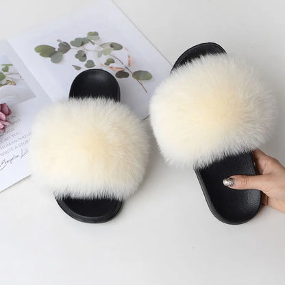Women’s Summer Fluffy Fur Slippers — Real Fox Fur Non-Slip Flat Slides & Sandals, Large Size