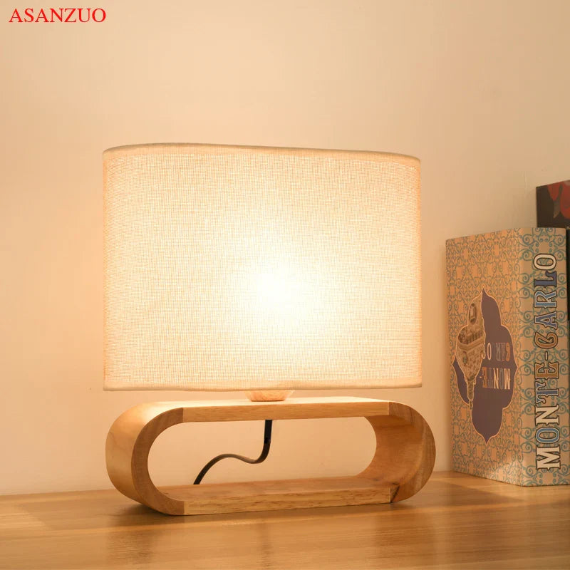 Nordic Wood Base Table Lamp with Cloth Lampshade - E27 Bedside, Desk & Reading Light for Living Room & Bedroom