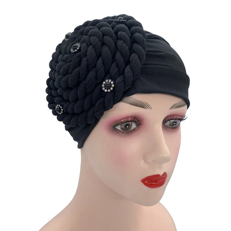 Diamond Braided Turban Hat for Women – Muslim Hijab Bonnet, African Headwrap Cap, Inner Headscarf
