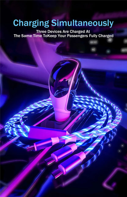 3-in-1 LED Glowing Charging Cable – 3A Micro USB & Type-C Flowing Streamer Cord for iPhone, Xiaomi & Huawei