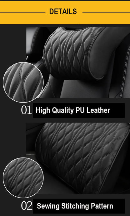 Car Neck & Lumbar Pillow – PU Leather Memory Foam Seat Headrest & Backrest Cushion
