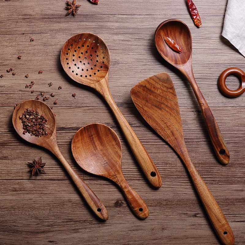 1-9pcs Teak Wood Tableware Set – Natural Wooden Cooking Spoons, Colander Spoon & Soup Skimmer Kitchen Tool Kit