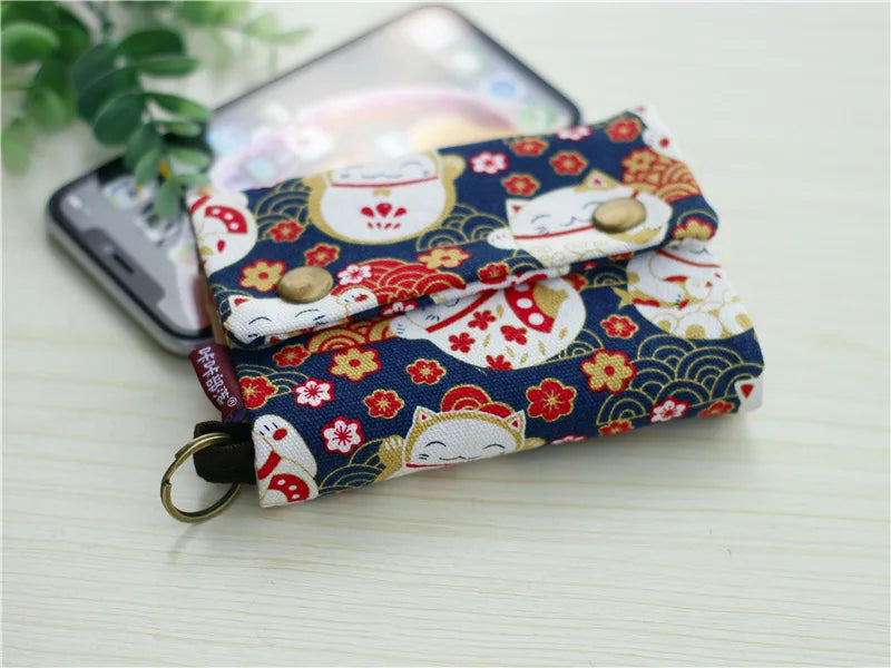 Handmade Three-Fold Fabric Wallet — Short Zipper Purse for Women & Men, Multi-Function Card & Key Holder for Teens