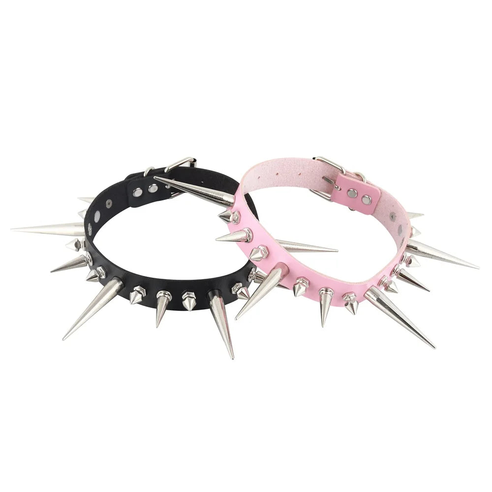 Punk Long Spike Choker – Studded Faux Leather Collar for Men & Women, Goth Rivet Necklace