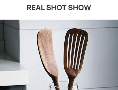 1-7pcs Teak Wood Tableware Set – Natural Wooden Spoons, Colander Spoon & Soup Skimmer Cooking Tool Kit