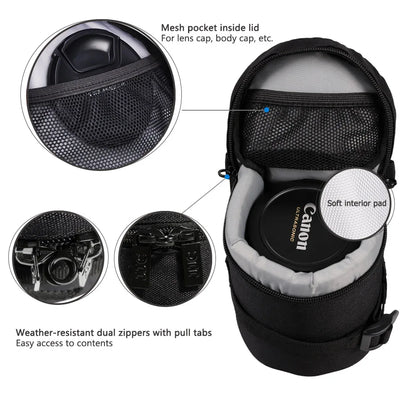JJC Waterproof Camera Lens Bag — Storage Pouch with Belt for Canon, Nikon, Sony, Fujifilm DSLR