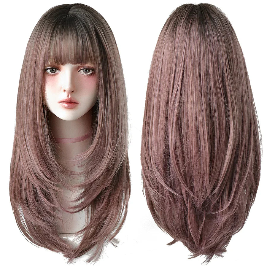 7JHHWIGS Long Straight Light Brown Synthetic Wig with Bangs – Heat-Resistant Daily Wear Wig for Women