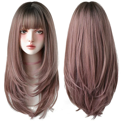 7JHHWIGS Long Straight Light Brown Synthetic Wig with Bangs – Heat-Resistant Daily Wear Wig for Women