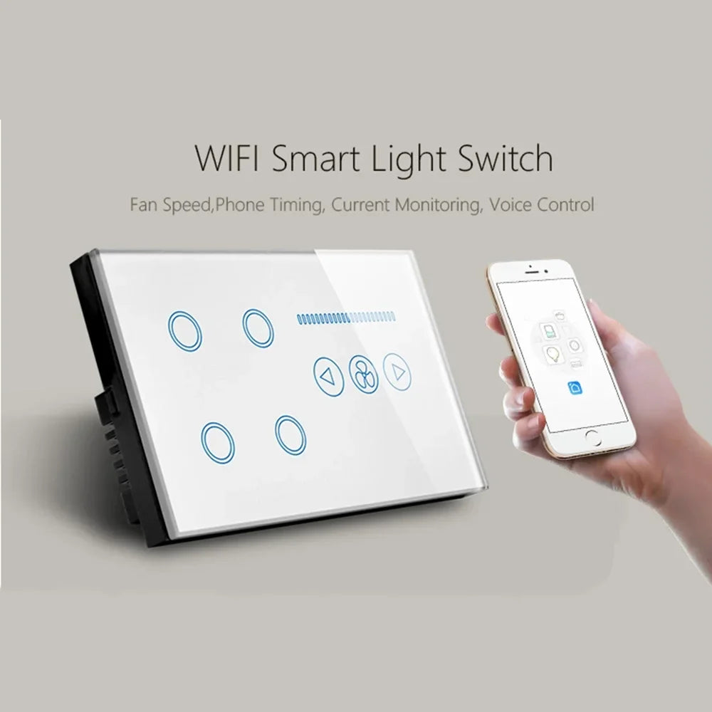 Tuya WiFi Smart Light Switch – 4 Gang Touch Panel, Fan Speed Dimmer, Power Metering, Alexa & Google Home Compatible