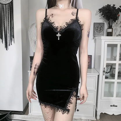Dark Cross Black Mini Dress – Vintage Sexy Spaghetti Strap High Waist Slit Dress, Goth Party Clubwear for Women