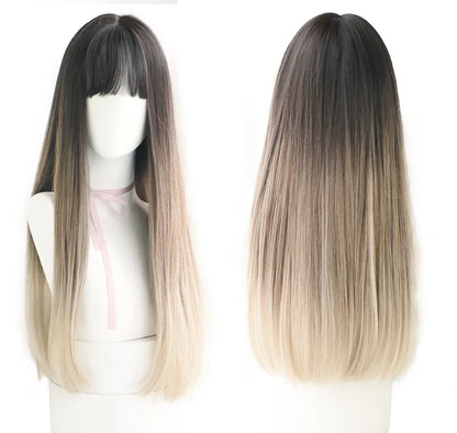 7JHHWIGS Long Straight Light Brown Synthetic Wig with Bangs – Heat-Resistant Daily Wear Wig for Women