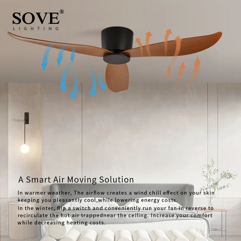 SOVE Modern Black & White Low Floor Ceiling Fan – 30W DC Motor with Remote Control, No Light, 220V