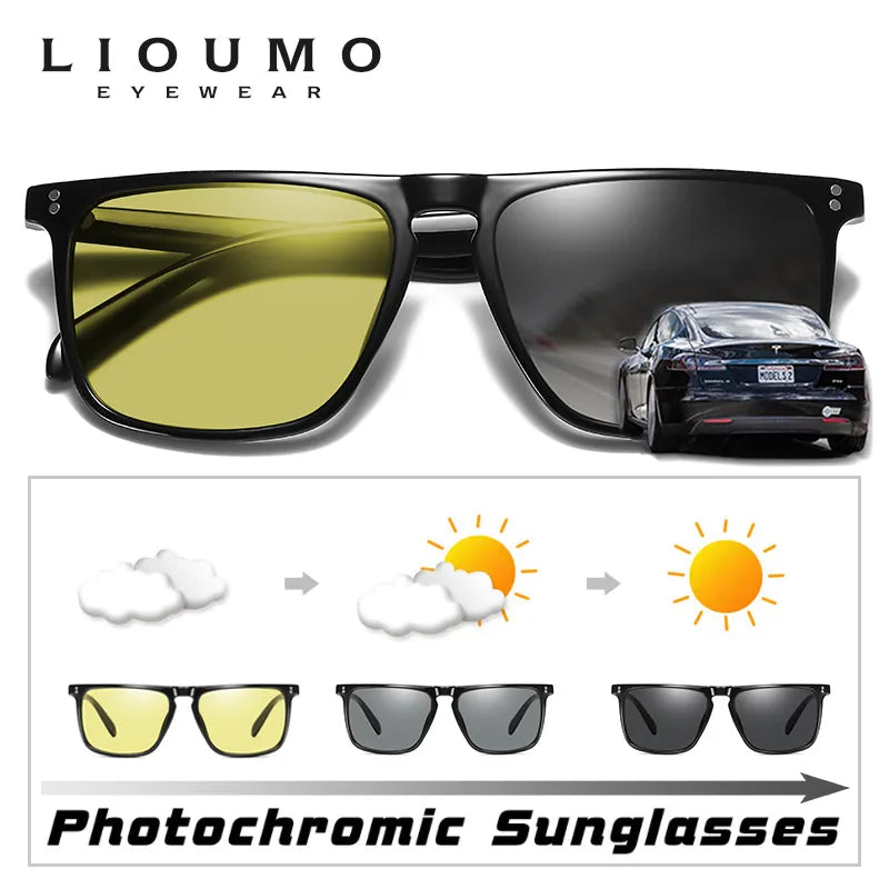 Brand Rivet Square Photochromic Sunglasses: Polarized Sun Glasses for Men & Women | Day Night Vision Anti-Glare | Zonnebril Heren