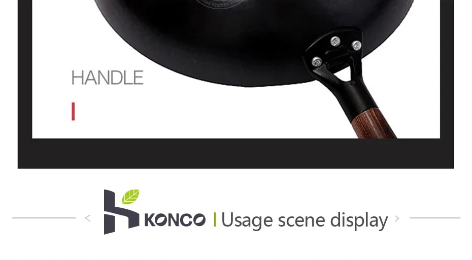 Konco 32cm Pure Cast Iron Wok – Non-Coated Chinese Wok Pan for Gas & Induction Cookers