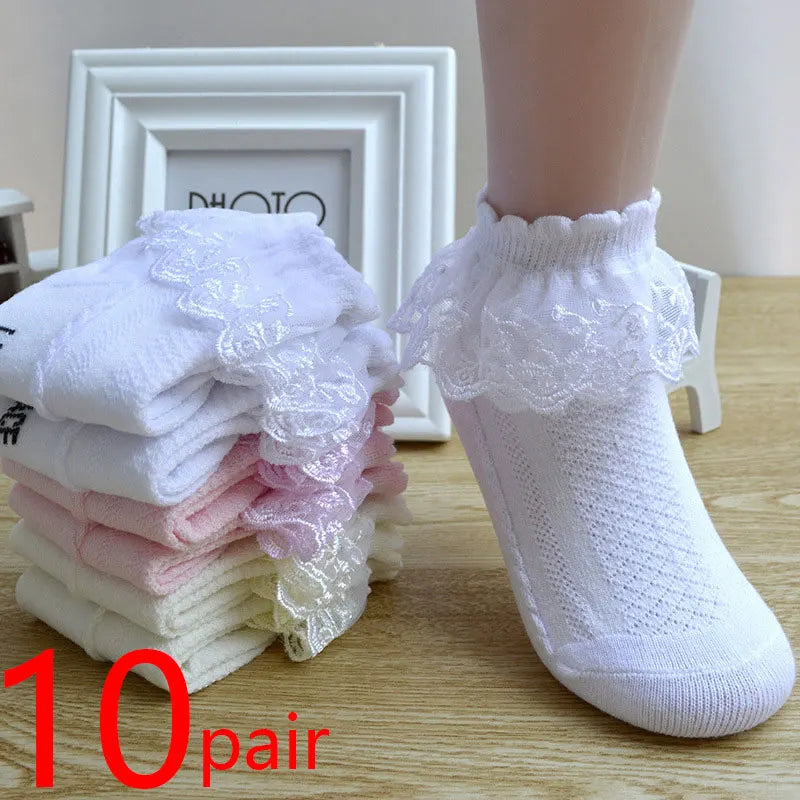 10-Pair Baby Girls’ Lace Ruffle Socks - Breathable Cotton Ankle Socks for Toddlers & Kids