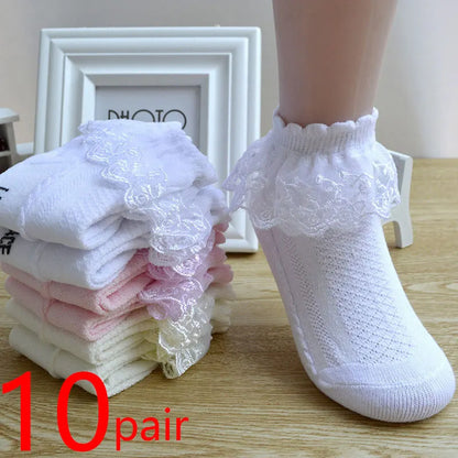 10-Pair Baby Girls’ Lace Ruffle Socks - Breathable Cotton Ankle Socks for Toddlers & Kids