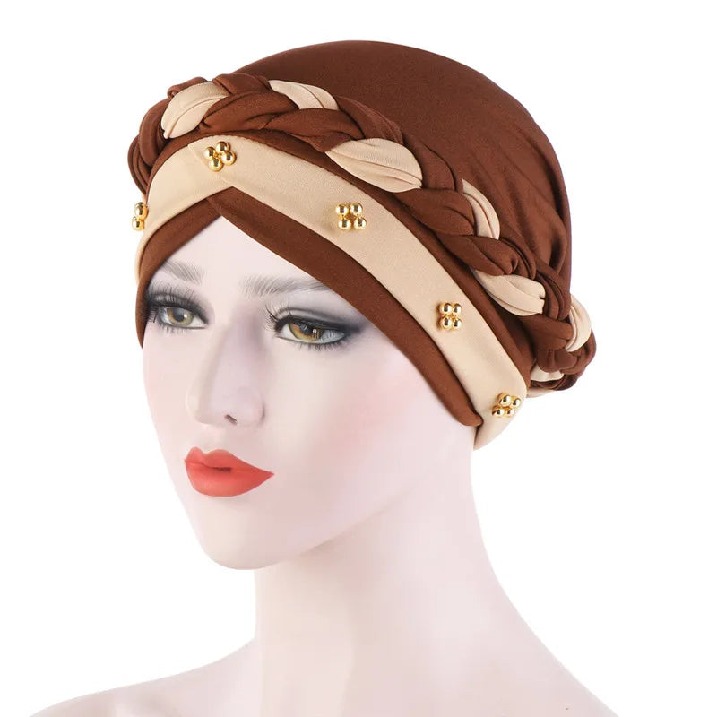 Women’s Cotton Head Scarf – Solid Turban Bonnet Hijab Cap with White Pearl Inner, Muslim Arab Wrap