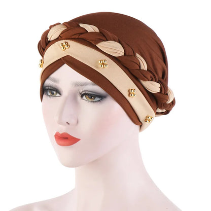 Women’s Cotton Head Scarf – Solid Turban Bonnet Hijab Cap with White Pearl Inner, Muslim Arab Wrap