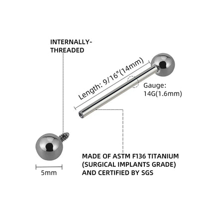 5Pcs Right Grand ASTM F136 Implant Grade Titanium Straight Barbell Tongue Ring – Internal Thread Body Piercing Jewelry (12–25mm)
