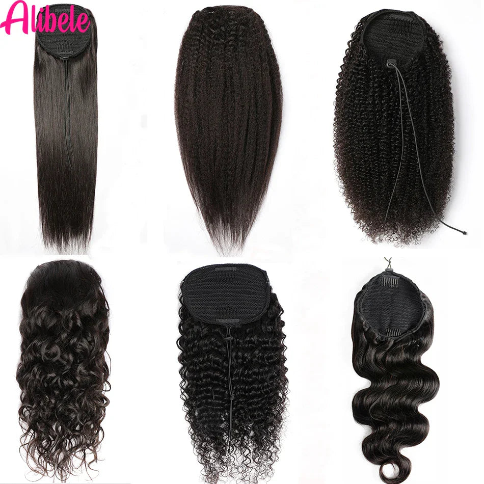 Alibele Mongolian Afro Kinky Curly Drawstring Ponytail – 4B/4C Remy Human Hair Extensions 10-28 Inch Clip-In