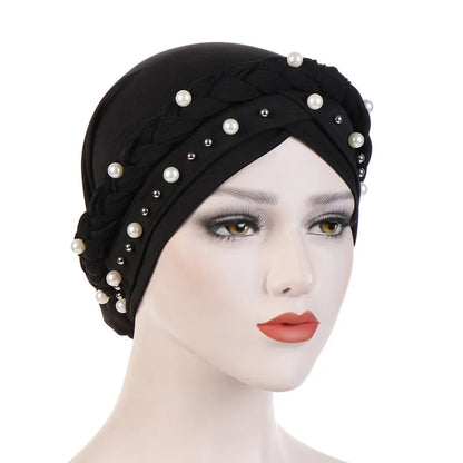Women’s Cotton Head Scarf – Solid Turban Bonnet Hijab Cap with White Pearl Inner, Muslim Arab Wrap