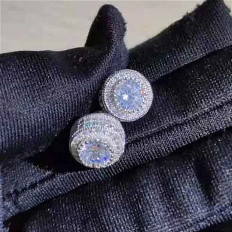 Austrian Crystal Round Earrings for Women – White Gold & Yellow Gold Color, White Zircon Hip Hop Wedding Stud Jewelry